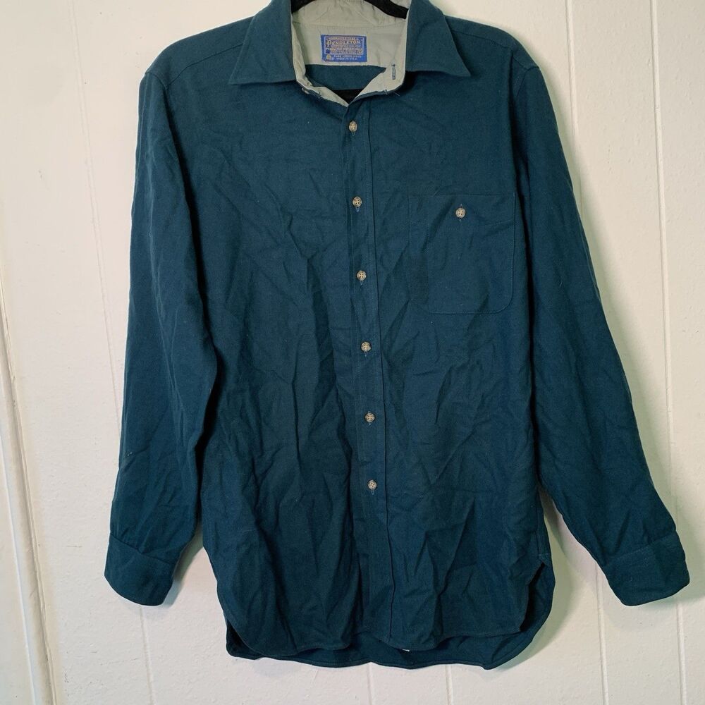 Pendleton Mens Medium Trail Shirt 100% Wool Elbow‎ Patch Teal Vtg USA *HOLES*